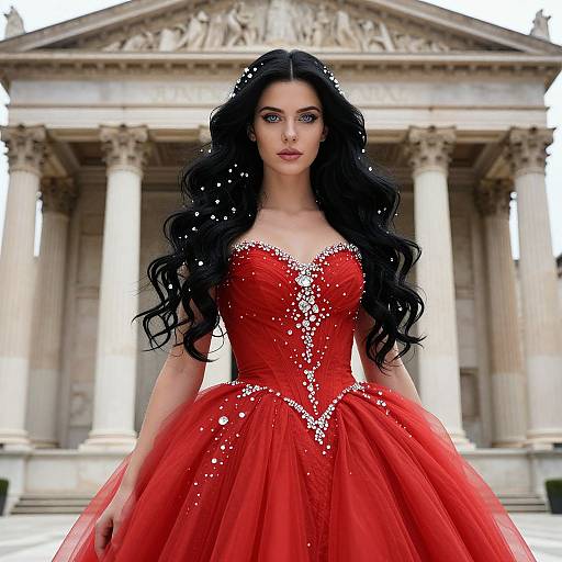 Photograph of a stunning woman with long black wavy hair, wearing a red, strapless, sparkly ball gown, standing in front of a