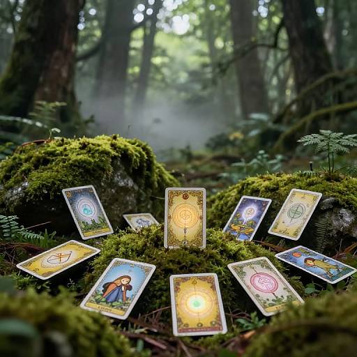 Mystical forest scene with glowing tarot cards, featuring various symbols and characters, resting on moss-covered rocks, surrounded by dense trees and mist.