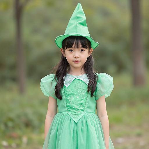 Photograph of an Asian girl with long black hair, wearing a mint-green witch costume with a pointed hat, lace collar, and puffed sleeves,