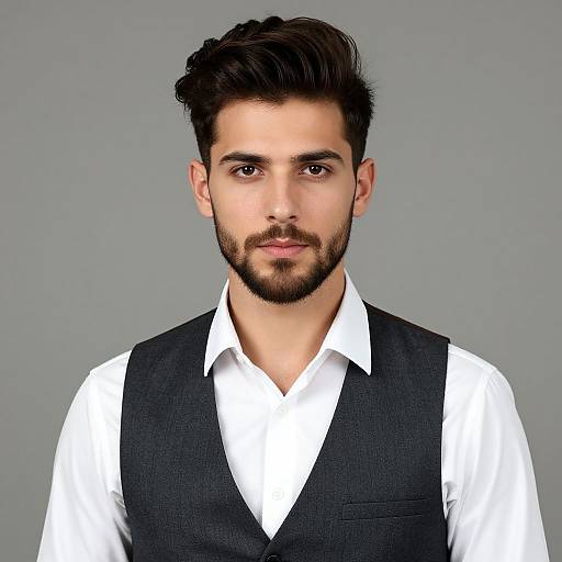 Photorealistic digital portrait of a young, handsome man with dark hair, beard, wearing a white shirt and black vest, against a gray background.