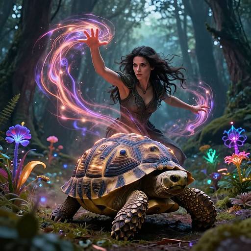 Digital artwork: Dark-haired woman with glowing purple magic swirls over enchanted forest, beside a detailed, glowing turtle with vibrant patterns.