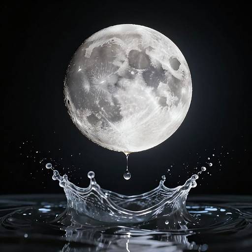 Photograph of a bright, detailed full moon splashing into a dark water surface, creating a dramatic, liquid crown effect.