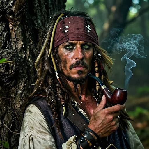 Photograph of a rugged, bearded pirate with green eyes, brown headband, dreadlocks, white shirt, and brown vest, smoking a pipe