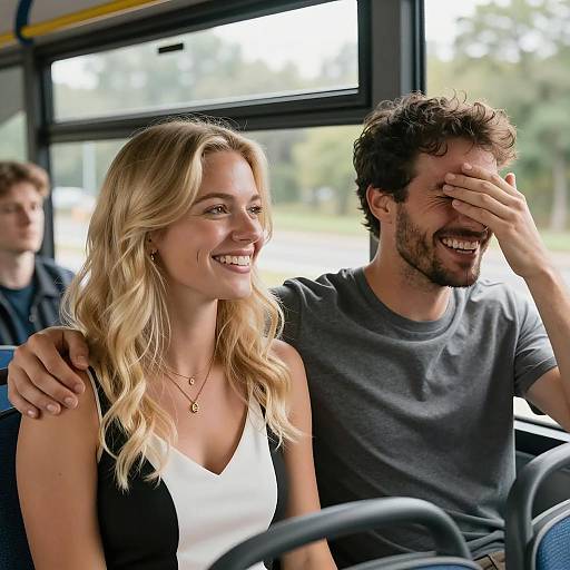 Happy young couple on bus ride
