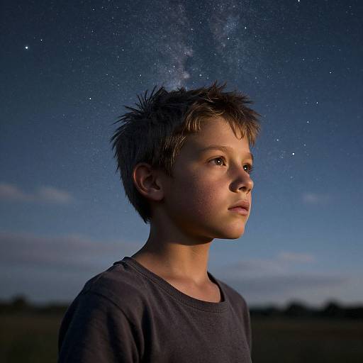 Photograph of a young boy with messy brown hair, wearing a dark shirt, gazing at a starry night sky. Milky Way visible above his