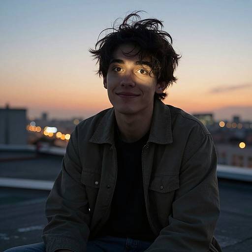 Photograph of a young man with tousled dark hair, smiling at sunset on a rooftop, wearing a green jacket, against a blurred city skyline.