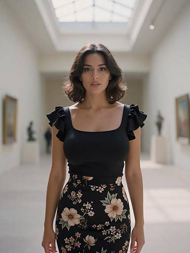 Photograph of a young woman with medium brown skin and wavy dark hair, wearing a black ruffled top and floral skirt, walking down a sun