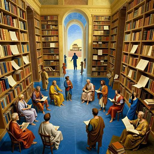 Photograph of a grand library with blue floor, tall bookshelves, and twelve scholars in colorful robes sitting and reading, looking towards an arched