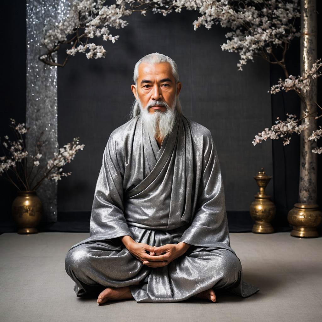 Serene Monk Portrait in Sequin Backdrop