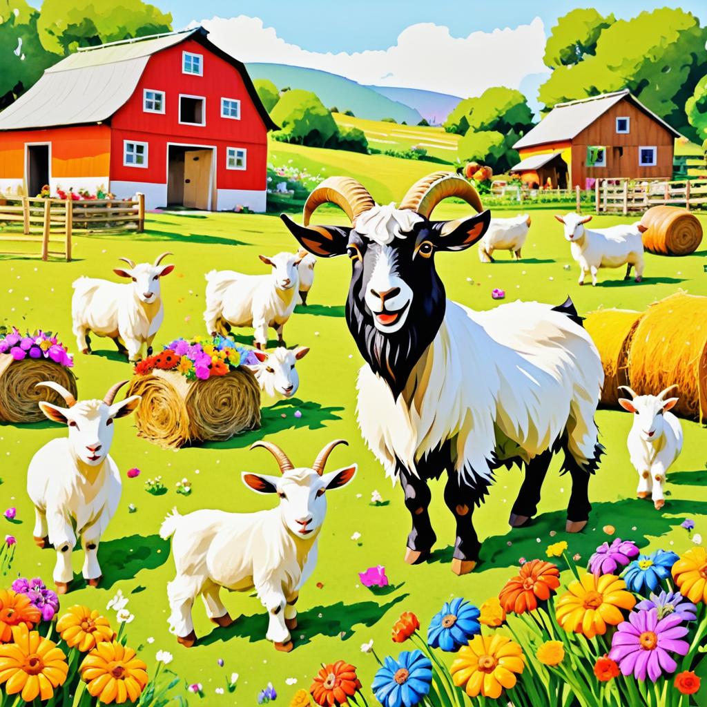 Playful Goat in a Colorful Farmyard Scene