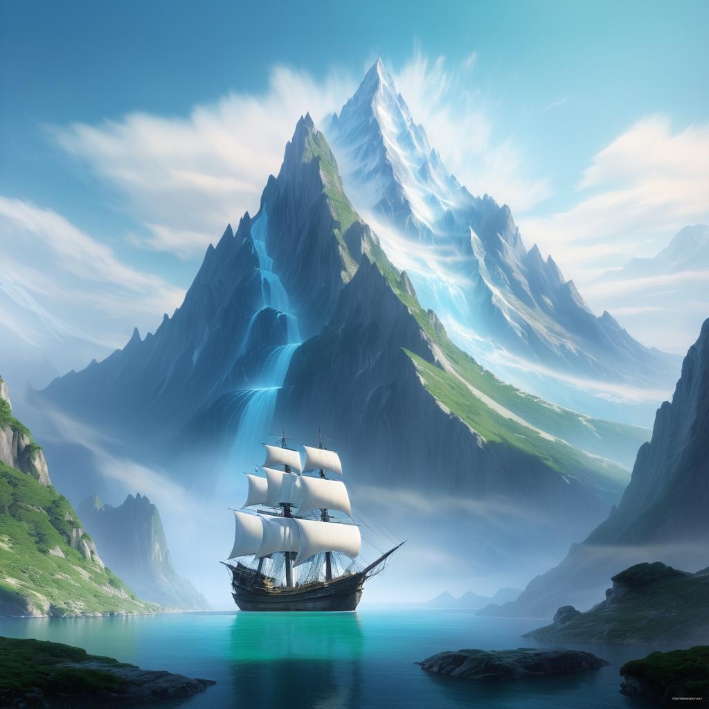 Ghost Ship on a Mountainous Landscape