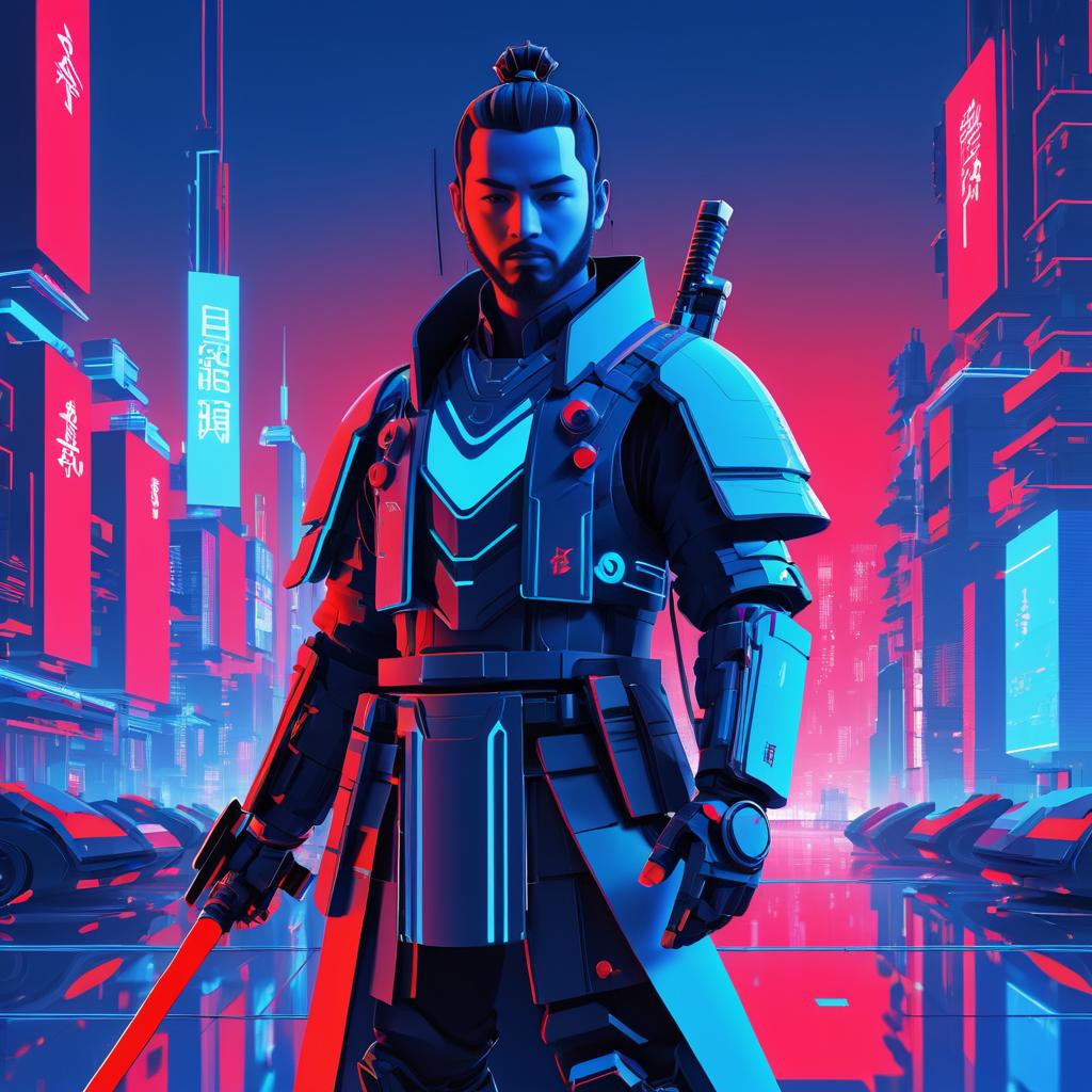 Neon Samurai with Robotic Arm Portrait