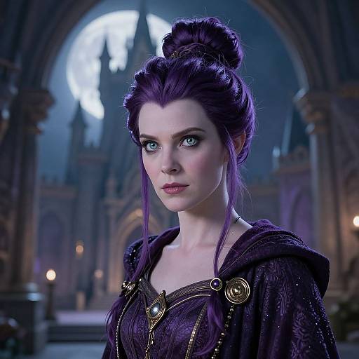 Digital artwork of a pale-skinned, purple-haired woman with blue eyes in a medieval-style hooded robe, standing in a Gothic cathedral at night.