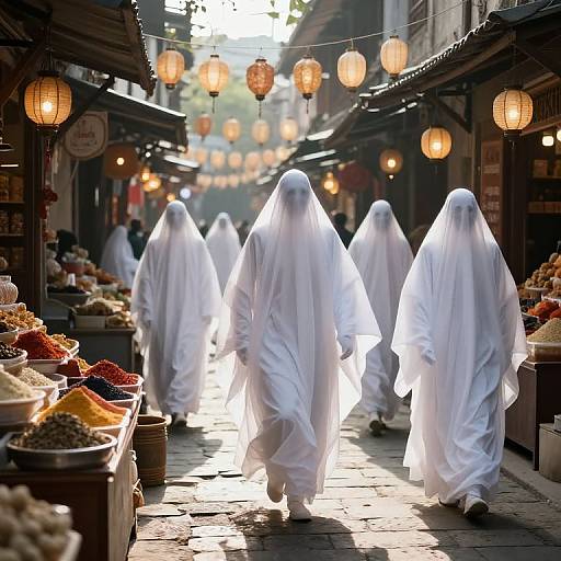 Photograph of four white-robed ghost figures walking down a sunlit, lantern-lit, bustling market street with colorful spices and stalls.