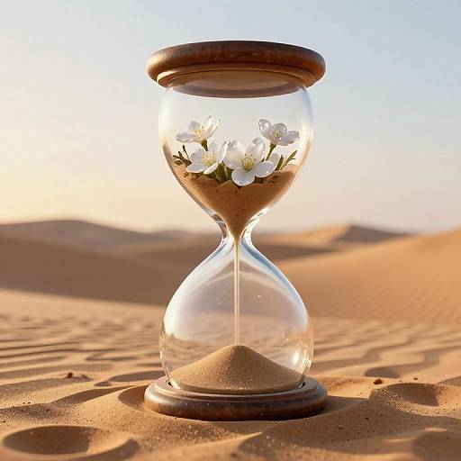 Photograph of a clear glass hourglass with white flowers, sand flowing, on a sunlit desert dune, casting shadows.