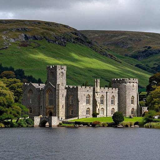 Kylemore Abbey by Lake with Green Hills