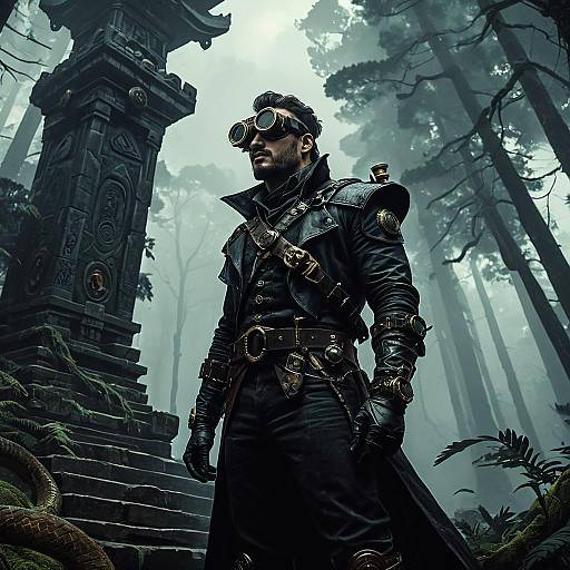Steampunk Explorer in Misty Ancient Forest