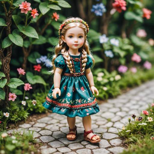 Elf Doll in Floral Dress on Garden Path