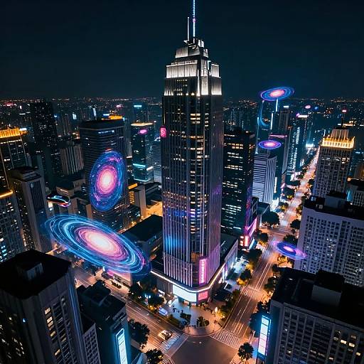 Nighttime aerial photograph of a neon-lit cityscape with brightly glowing skyscrapers, circular neon rings, and illuminated streets, featuring a prominent tall