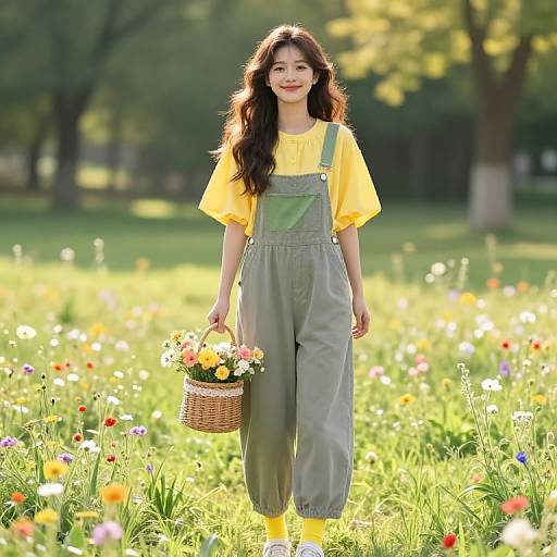 Young Woman in Sunny Flower Meadow