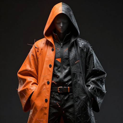 Photograph of a person in a hooded, orange raincoat with black, textured, torn edges, standing against a dark background.