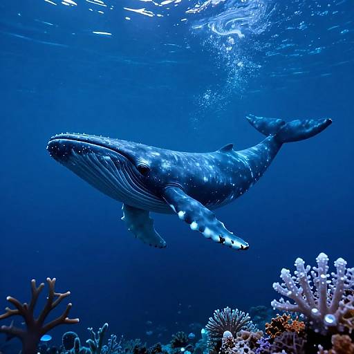 Photograph of a large, blue-gray whale with intricate patterns swimming gracefully underwater, surrounded by colorful coral reefs and bubbles in deep blue ocean.