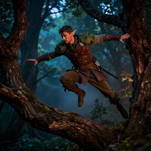 Photorealistic digital artwork: A pointy-eared elf with green armor and brown leather gear leaps between tree branches in a dense, moonlit forest