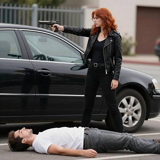 Red-haired Woman Aiming Handgun on Street