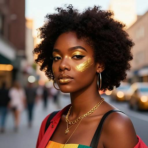Photograph of a beautiful Black woman with golden shimmer on her cheeks, wearing hoop earrings, gold chain necklaces, red jacket, and colorful top,