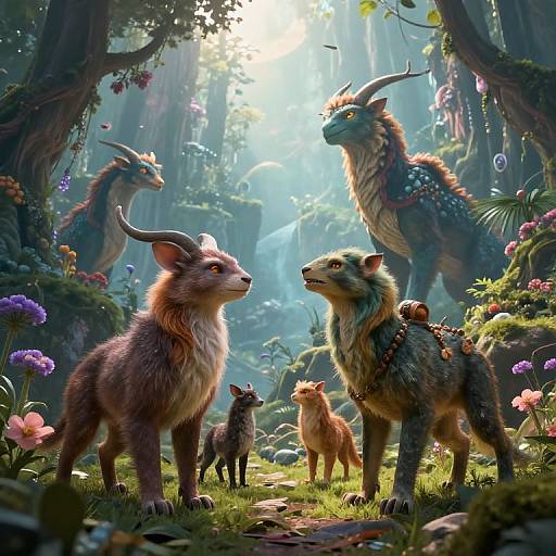 Digital fantasy artwork: Adorable, horned, furry creatures with vibrant fur and accessories stand in a lush, magical forest, surrounded by colorful flowers and
