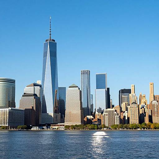 Photograph of New York City skyline featuring One World Trade Center with reflective glass, clear blue sky, and Hudson River in foreground.