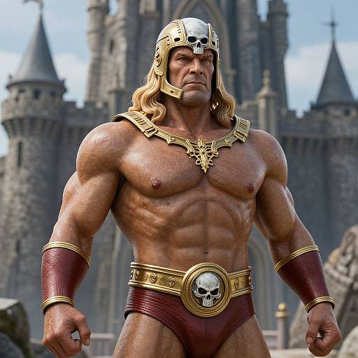 Muscular, shirtless man with golden helmet, skull belt, and maroon armor stands in front of a medieval castle in CGI style.