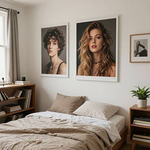 Photograph of a minimalist bedroom with a bed, two framed portraits of curly-haired and wavy-haired women, bookshelves, and potted plant