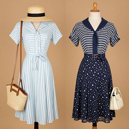 Photograph of two mannequins: left wears blue-striped dress with straw hat and wicker bag, right wears navy-striped top with star-pattern