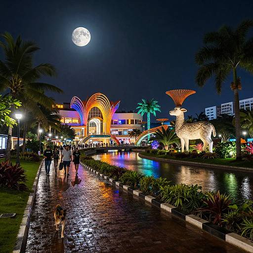 Tropical Urban Park with Moonlight and Colorful Illuminations
