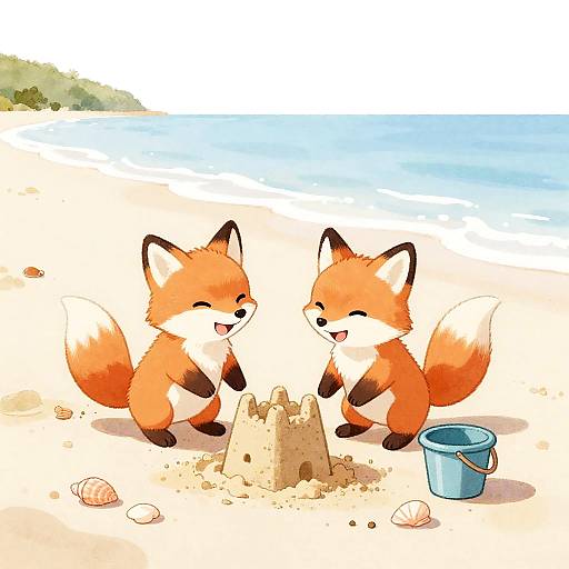Whimsical Fox Cubs Building Sandcastle