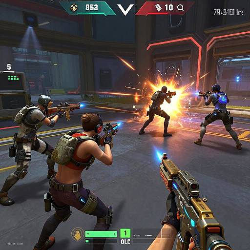 First-person shooter video game screenshot: four armed characters in tactical gear fire at a silhouetted enemy in a neon-lit, futuristic urban environment