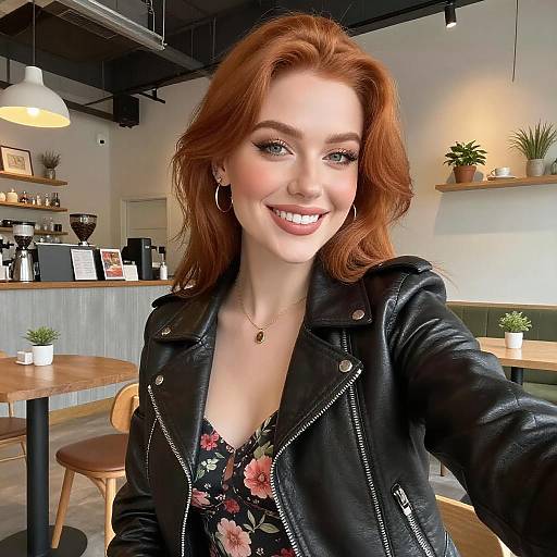 Confident Woman in Stylish Café Selfie