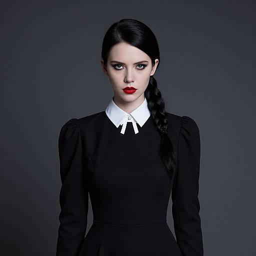 Photograph of a pale-skinned woman with black hair in a braid, wearing a black dress with a white collar, red lipstick, and intense