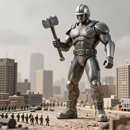 Etched Giant Bodybuilder with Sledgehammer in Urban Scene