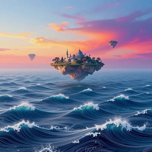 Fantasy CGI image of a floating island with a castle and trees, surrounded by ocean waves under a colorful sunset sky.