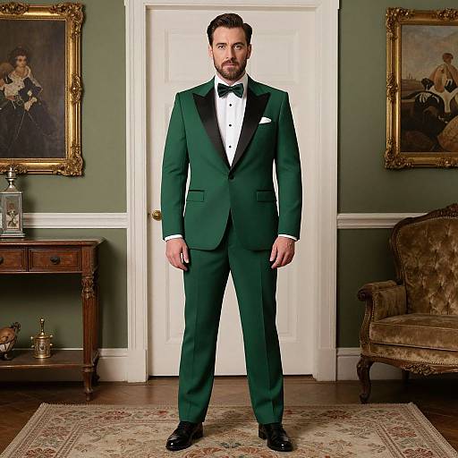 Photograph of a bearded man in a dark green tuxedo with black bow tie, standing in an elegant, vintage room with framed portraits and