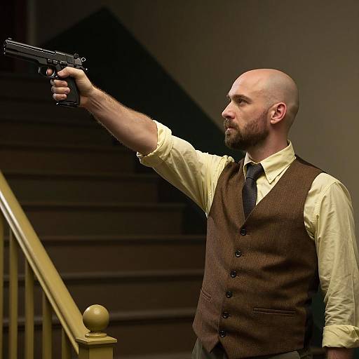 Portrait of a Focused Gunman on Stairs