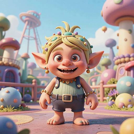 Digital CGI of a chubby, smiling, green-skinned goblin with large ears, blonde hair, colorful flower crown, blue overalls, and gold