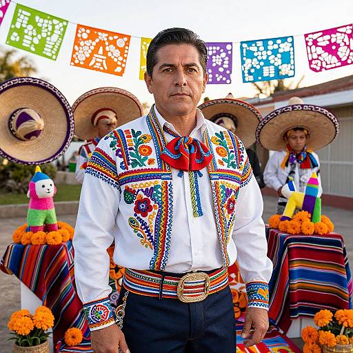 Photograph of a middle-aged Hispanic man in colorful traditional Mexican attire, standing in front of marigold arrangements and sombreros, with vibrant papel