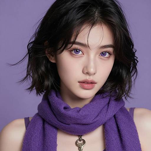 Photograph of a fair-skinned young woman with black, wavy hair, purple eyes, and a purple scarf, set against a solid purple background