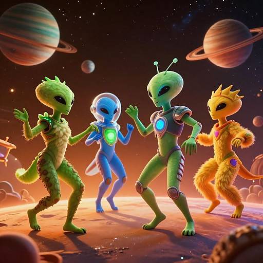 Digital art of four colorful, anthropomorphic alien characters dancing on a planet with rings, glowing necklaces, and a starry background.