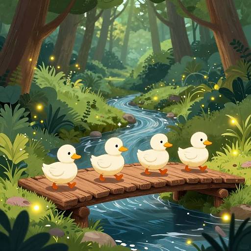 Digital illustration of four glowing white ducklings on a wooden bridge over a winding forest stream, surrounded by glowing fireflies and lush greenery.