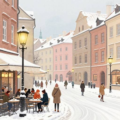 Digital illustration of a snowy European street with people in winter coats, sitting at outdoor café tables, and walking between colorful, snow-covered buildings. Warm street