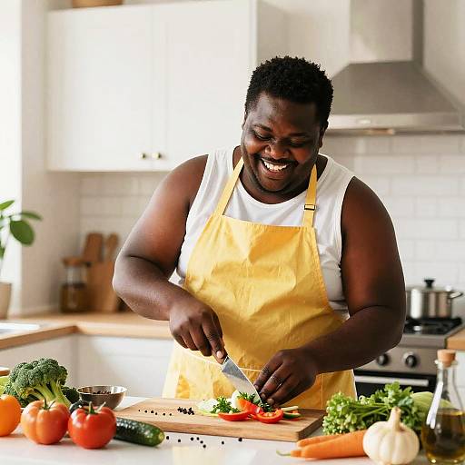 Photograph of a smiling, dark-skinned, plus-sized woman in a yellow apron, chopping red bell peppers in a bright, modern kitchen.